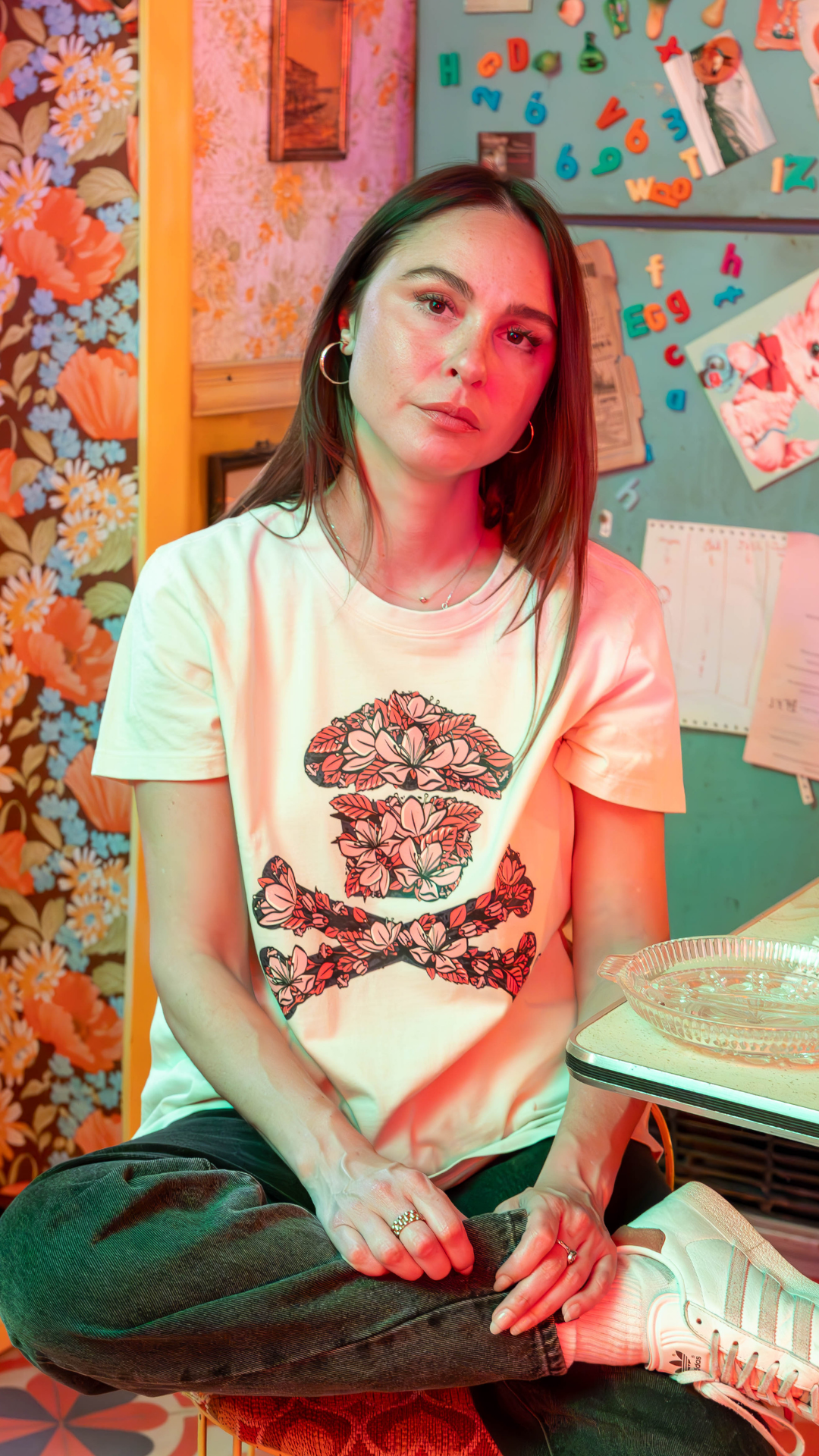 Womens Cherry Blossom Crossbones Short Sleeve Premium Tee