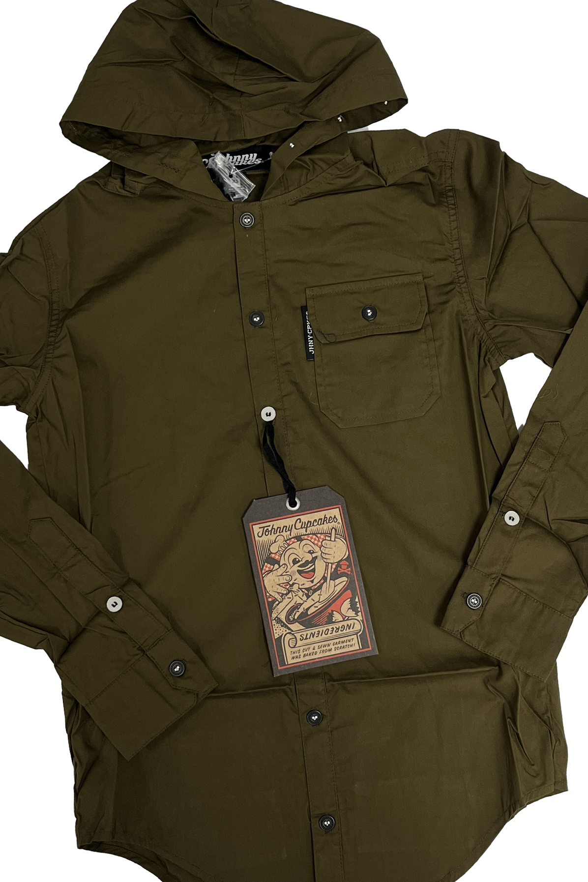 $10 Sale Tee - Hooded Long Sleeve Button Down w/ Custom Buttons (Olive)